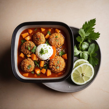 Delicious curry dish served in a black bowl with fresh lime and herbsの素材