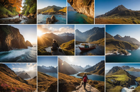 Collage of coastal and mountain landscapes with dramatic lighting and reflectionsの素材