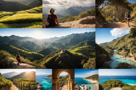 Dramatic mountain range collage with valleys, rivers, and ancient stone bridgesの素材