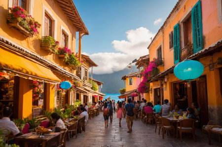 Colorful street scene in a Mediterranean town with outdoor cafes and balconiesの素材