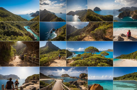 Collage of stunning mountain vistas with winding roads and lush green valleysの素材