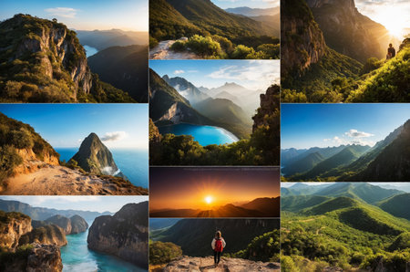 Stunning collage of dramatic mountain landscapes and serene coastal views at sunsetの素材