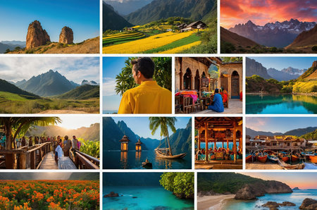 Collage of diverse travel destinations featuring beaches, mountains, and cultural landmarksの素材