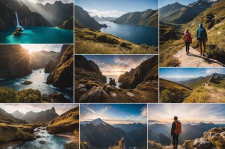 Collage of serene lakes nestled between towering mountains under clear skiesの素材