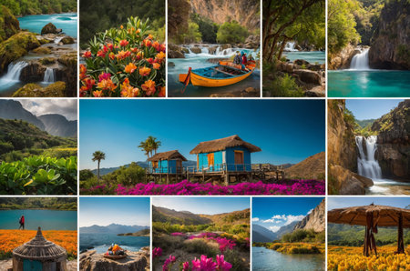 Vibrant collage showcasing various natural wonders like waterfalls,の素材