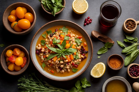 Appetizing bowl of hearty vegetable soup with fresh ingredients and rustic settingの素材