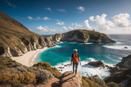 Woman standing on a cliff overlooking a stunning turquoise bay with wavesの素材