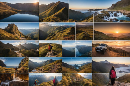 Collage of dramatic mountain sunsets with silhouettes of hikers and peaksの素材