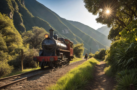 Vintage train traveling through lush green mountains under golden sunlightの素材