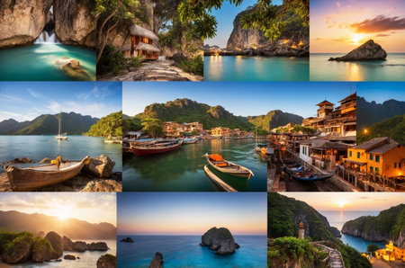 Panoramic collage capturing breathtaking coastal scenes with boats and islandsの素材