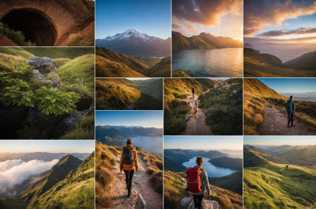 Collage of mountain trails with hikers, lakes, and breathtaking panoramic viewsの素材