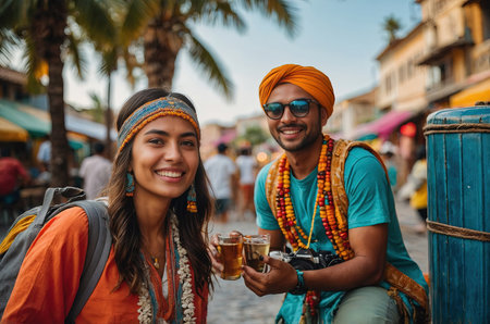 Two friends smiling in travel street sceneの素材