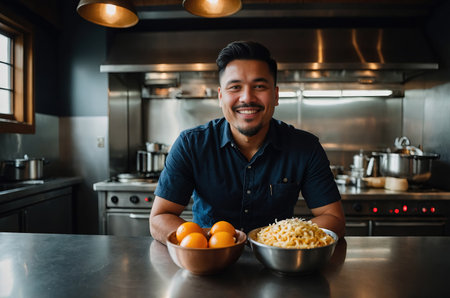 Chef smiling behind counter with bowlsの素材