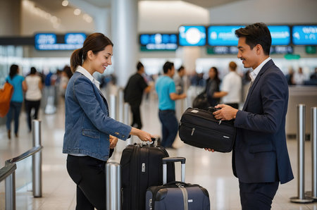 Businesspeople conversing near luggage at airportの素材