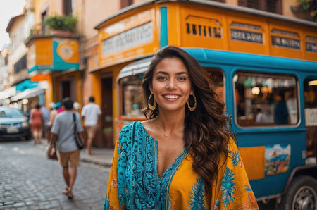 Young woman posing near colorful busの素材