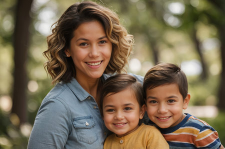 Mother with child smiling outdoorsの素材
