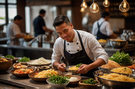 Chef focused plating dishes in kitchenの素材