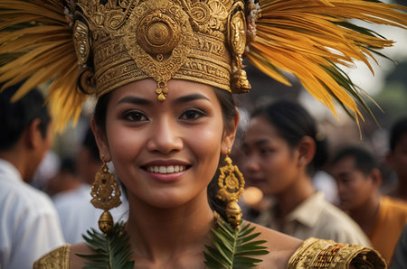 Young woman in feathered festival headdressの素材