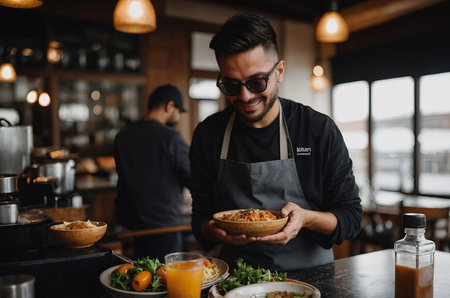Barista or chef serving food in cafÃ©の素材