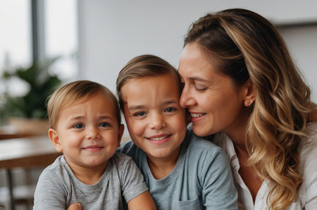 Mother hugging two smiling young childrenの素材
