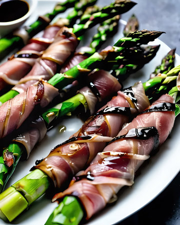 An opulent prosciutto-wrapped asparagus, grilled to perfection and drizzled with a balsamic glazeの素材
