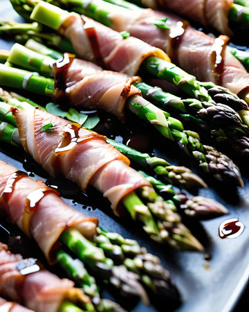 An opulent prosciutto-wrapped asparagus, grilled to perfection and drizzled with a balsamic glazeの素材