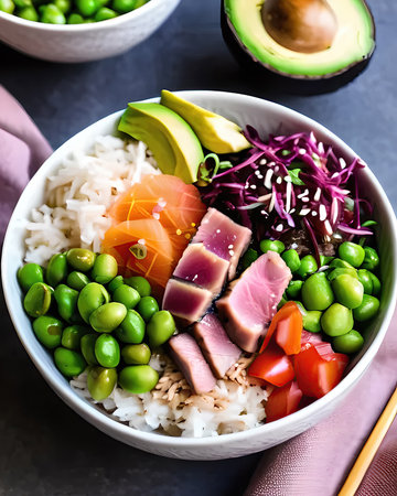 A delicate ahi tuna poke bowl with rice, avocado, edamame, and a spicy mayo drizzleの素材