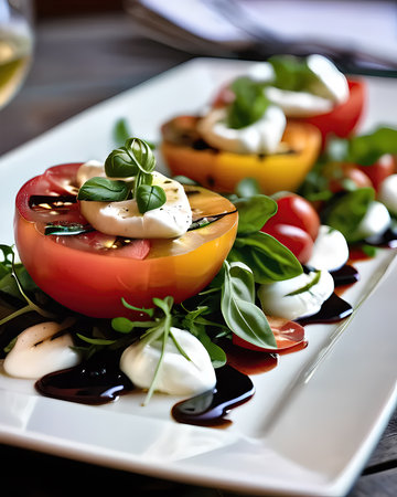 An elegant heirloom tomato and burrata salad, drizzled with basil-infused olive oil and balsamic reduction, garnished with microgreensの素材