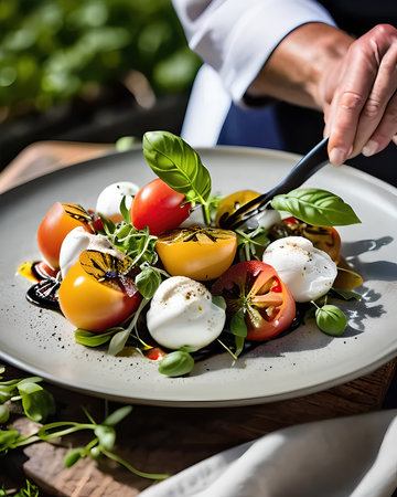 An elegant heirloom tomato and burrata salad, drizzled with basil-infused olive oil and balsamic reduction, garnished with microgreensの素材
