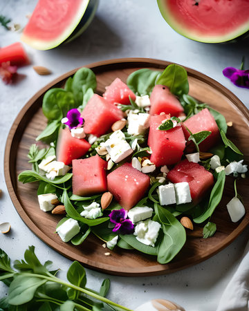 An elegant watermelon and feta salad with arugula, mint, toasted almonds, and a balsamic reduction.の素材