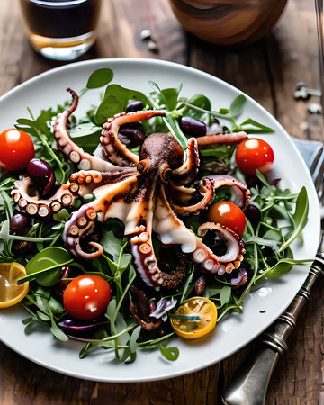 An opulent grilled octopus salad with arugula, cherry tomatoes, capers, and a lemonの素材