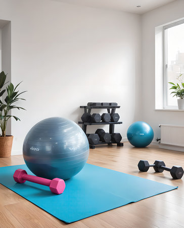 Interior of a fitness room with pilates ball and dumbbellsの素材