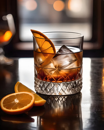 A luxurious smoked Old Fashioned served in a crystal tumbler, with a large ice cube, a twist of orange peel, and a cloud of smoke wafting from the glass.の素材