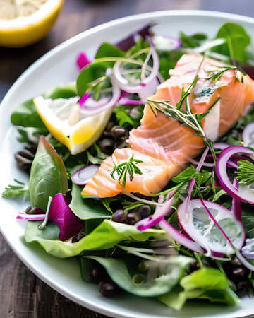 A rich and flavorful smoked salmon and dill salad with mixed greens, capers, red onion, and a lemon dill dressingの素材