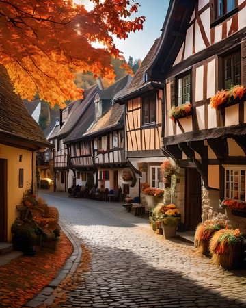 A quaint European village in autumn, with cobblestone streets and colorful leavesの素材