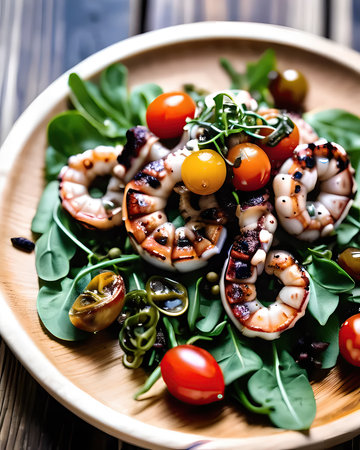 An opulent grilled octopus salad with arugula, cherry tomatoes, capers, and a lemonの素材