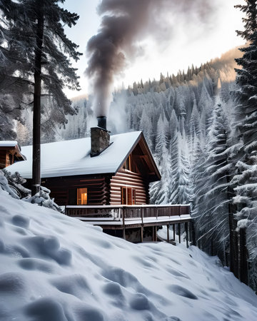 A cozy winter cabin in the mountains, with snow-covered trees and smoke coming from the chimney.の素材