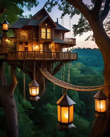 A magical treehouse village nestled in a giant tree, with rope bridges and lanterns.の素材