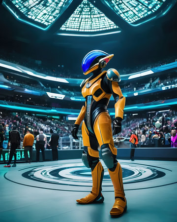 A futuristic sports arena with advanced technology and spectators from different galaxiesの素材