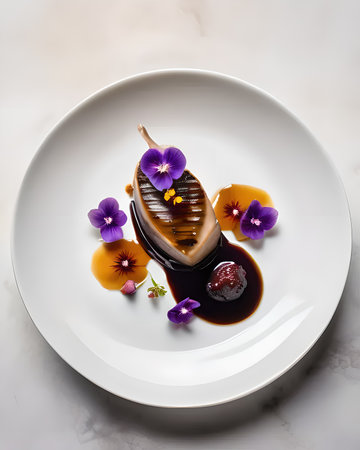 A meticulously plated foie gras with fig compote, edible flowers, and a balsamic reduction, arranged artistically on a white porcelain plateの素材