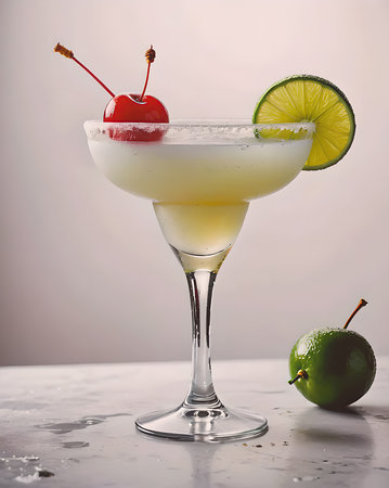 A classic daiquiri in a frosted coupe glass with a lime wheel, photographed against a white background.の素材