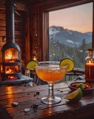 A luxurious mezcal margarita in a salt-rimmed glass with a charred lime slice, isolated on a seamless white background.の素材