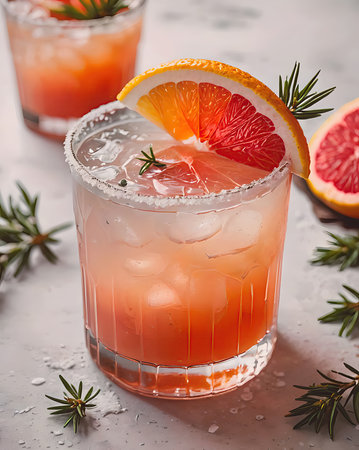 A refreshing Paloma in a salt-rimmed glass with fresh grapefruit and lime slices, set on a white background.の素材