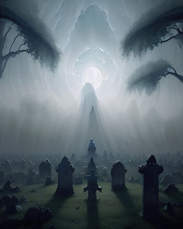 Grave in a foggy graveyard, 3d digitally rendered illustrationの素材