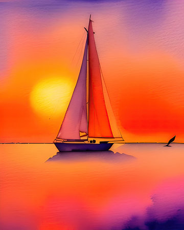 A minimal summer sunset seascape with a sailing yacht - sailing holiday seascape - sailing boat yacht silhouetteの素材