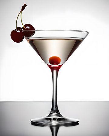 A classic Manhattan in a crystal-clear martini glass, garnished with a single maraschino cherry, photographed against a white background.の素材