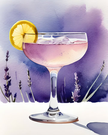 A delicate coupe glass filled with a lavender-hued aviation cocktail, garnished with a lemon twist, isolated on a clean white background.の素材