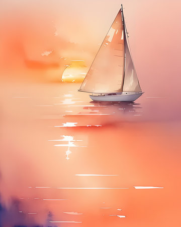 A minimal summer sunset seascape with a sailing yacht - sailing holiday seascape - sailing boat yacht silhouetteの素材
