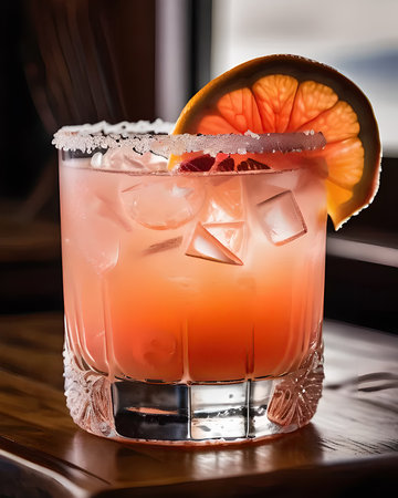 A luxurious Paloma with tequila, fresh grapefruit juice, and soda, served in a salt-rimmed glass with a grapefruit wedge.の素材