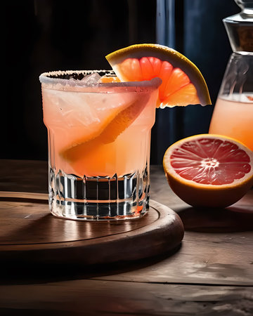 A luxurious Paloma with tequila, fresh grapefruit juice, and soda, served in a salt-rimmed glass with a grapefruit wedge.の素材